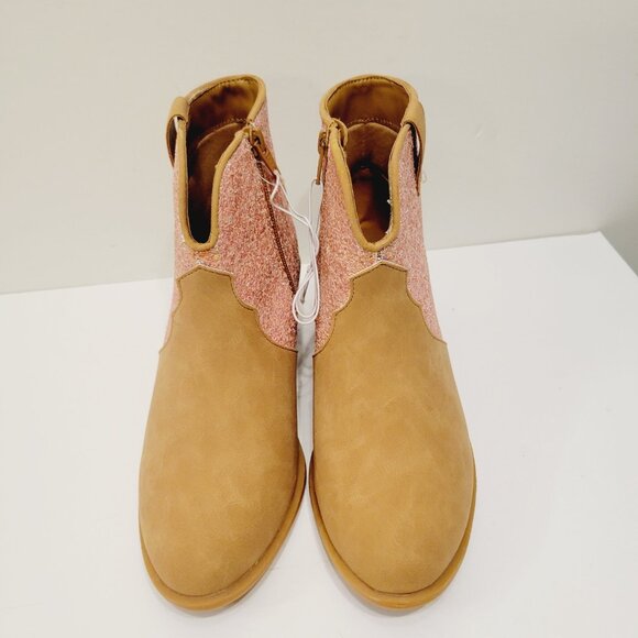 Youth Girls Falls Creek Tan Beige Faux Suede Sparkly Pink Heeled Booties - Picture 4 of 6